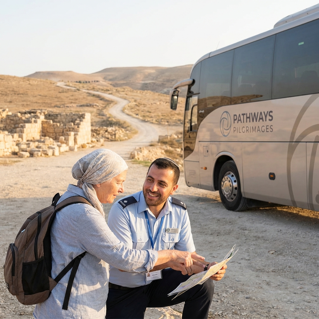 A professional tour guide assisting a pilgrim next to a modern tour bus in a historic holy land landscape, representing our commitment to safety and care.